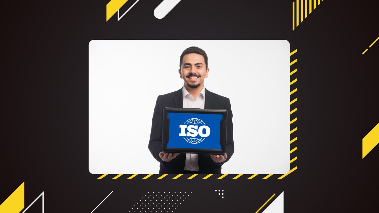 Bangladeshi IT professional holding an ISO certificate with digital icons representing quality and security