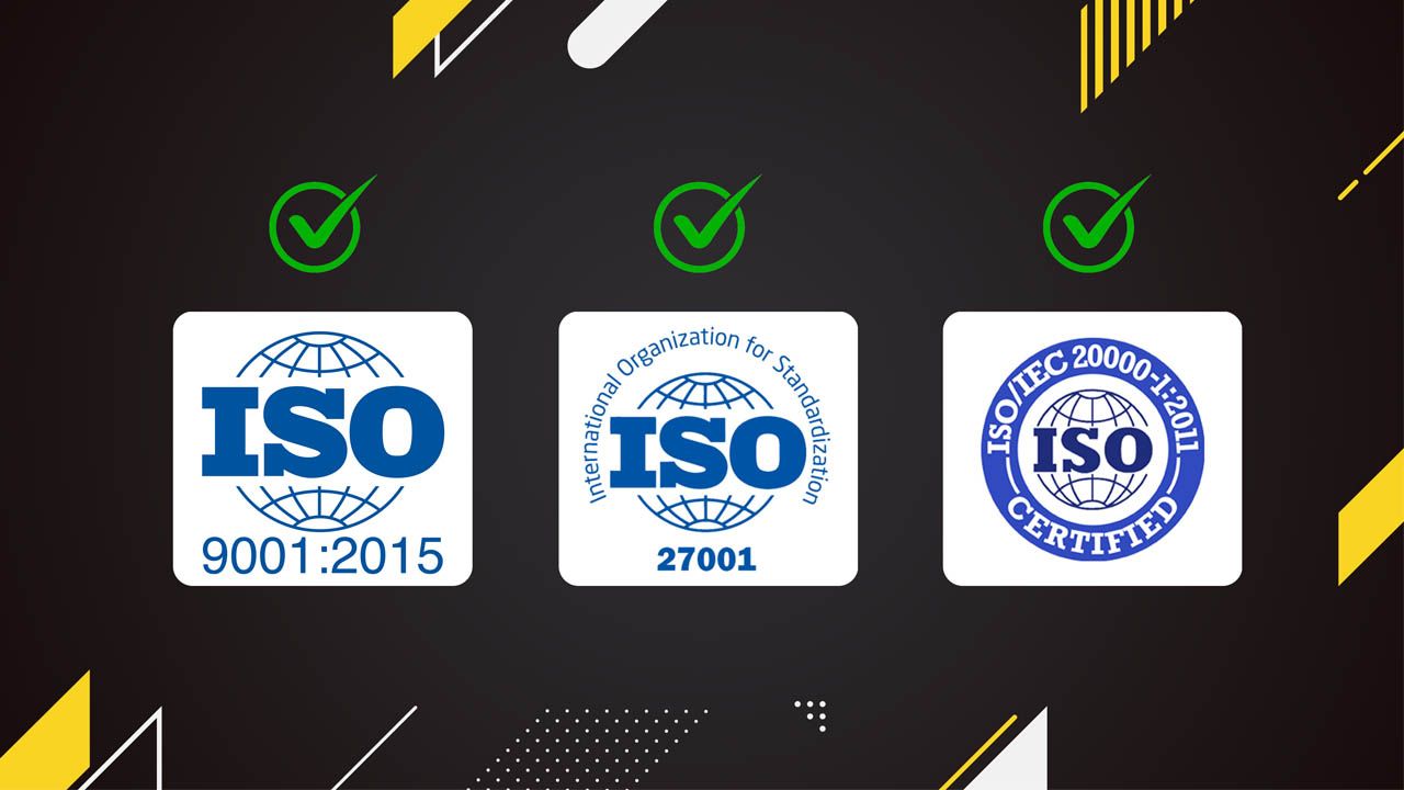 Comparison of ISO 9001, ISO 27001, and ISO 20000-1 certifications with icons and labels