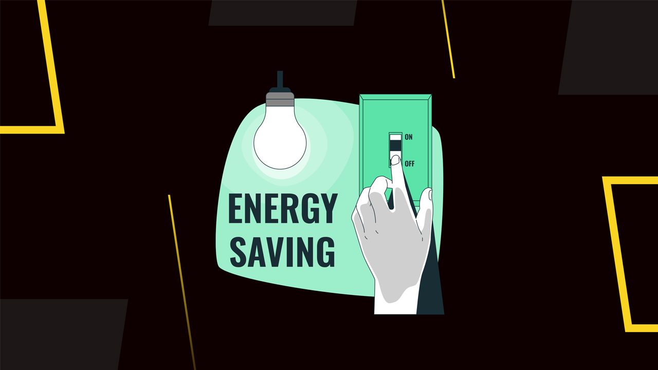 Cost-saving icons and efficiency graphics showing reduced energy bills and operational waste.