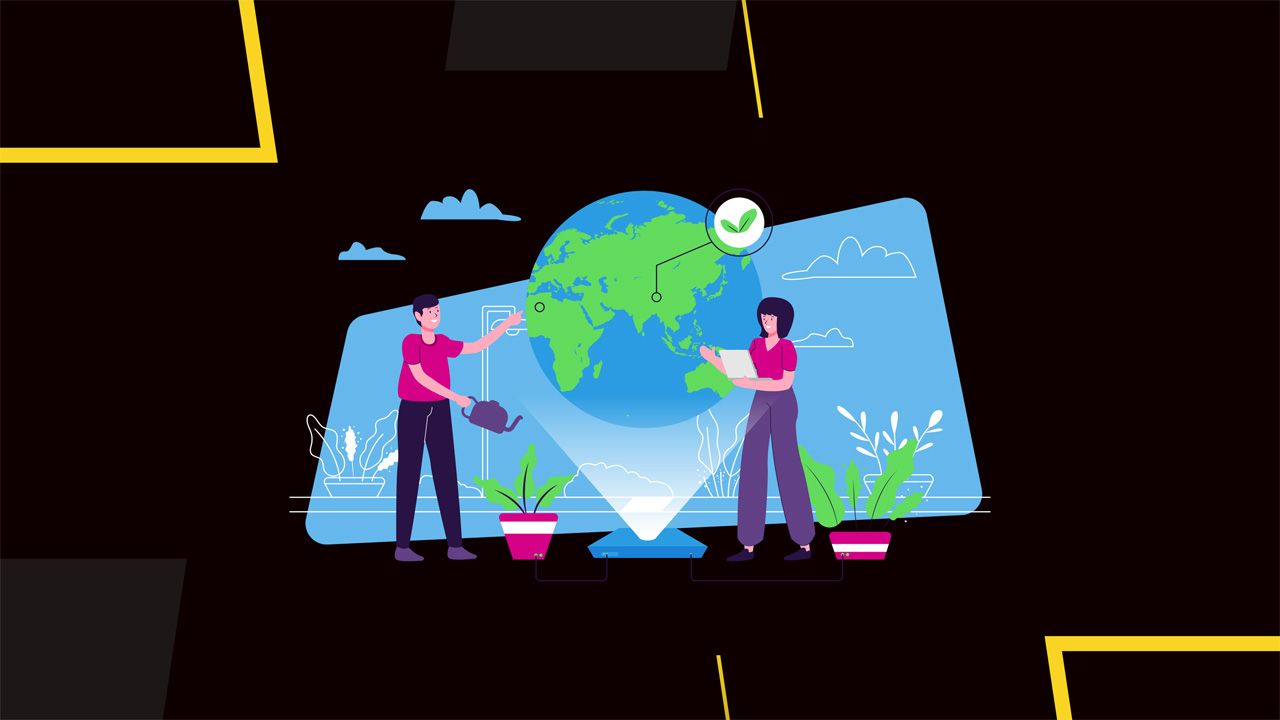 Icons representing energy efficiency, water conservation, and pollution control under environmental management.